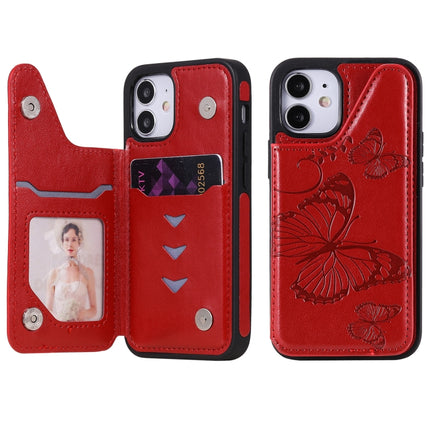 Butterfly Embossing Pattern Shockproof Protective Case with Holder & Card Slots & Photo Frame For iPhone 12 mini(Red)-garmade.com