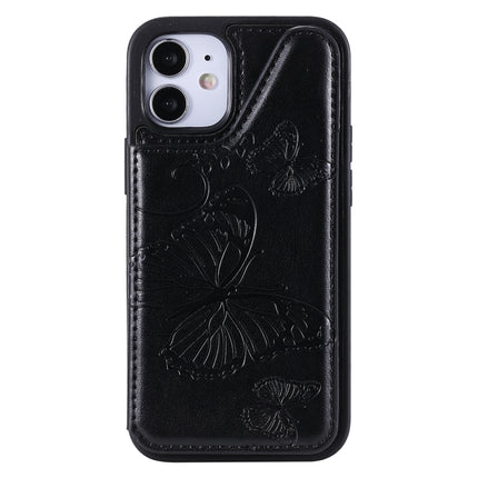 Butterfly Embossing Pattern Shockproof Protective Case with Holder & Card Slots & Photo Frame For iPhone 12 mini(Black)-garmade.com