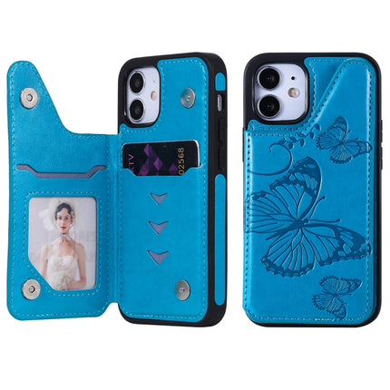 Butterfly Embossing Pattern Shockproof Protective Case with Holder & Card Slots & Photo Frame For iPhone 12 mini(Blue)-garmade.com