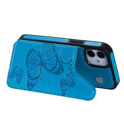 Butterfly Embossing Pattern Shockproof Protective Case with Holder & Card Slots & Photo Frame For iPhone 12 mini(Blue)-garmade.com