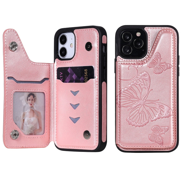 Butterfly Embossing Pattern Shockproof Protective Case with Holder & Card Slots & Photo Frame(Rose Gold)-garmade.com