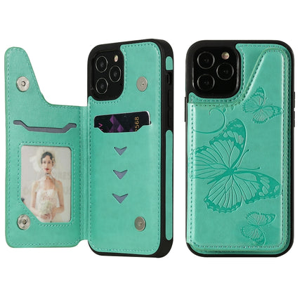 Butterfly Embossing Pattern Shockproof Protective Case with Holder & Card Slots & Photo Frame(Green)-garmade.com
