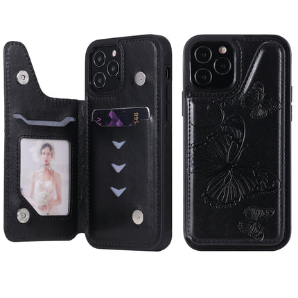 Butterfly Embossing Pattern Shockproof Protective Case with Holder & Card Slots & Photo Frame(Black)-garmade.com