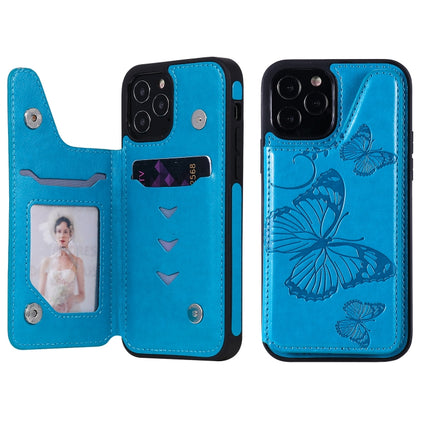 Butterfly Embossing Pattern Shockproof Protective Case with Holder & Card Slots & Photo Frame(Blue)-garmade.com