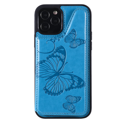 Butterfly Embossing Pattern Shockproof Protective Case with Holder & Card Slots & Photo Frame(Blue)-garmade.com