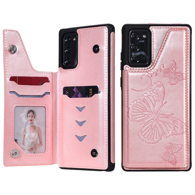 Butterfly Embossing Pattern Shockproof Protective Case with Holder & Card Slots & Photo Frame For Samsung Galaxy Note20(Rose Gold)-garmade.com