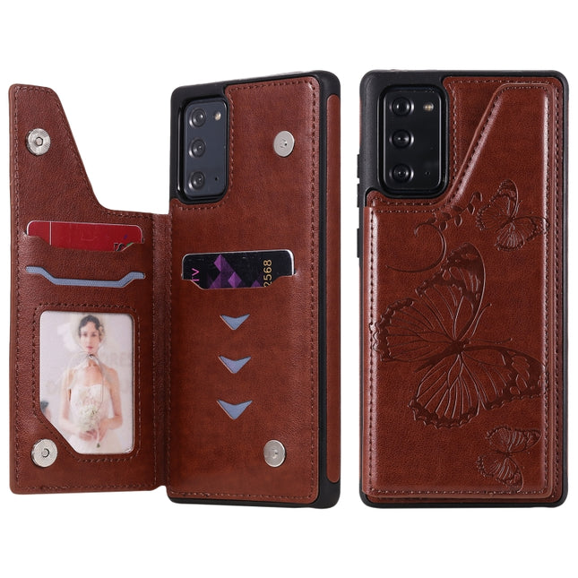 Butterfly Embossing Pattern Shockproof Protective Case with Holder & Card Slots & Photo Frame For Samsung Galaxy Note20(Brown)-garmade.com