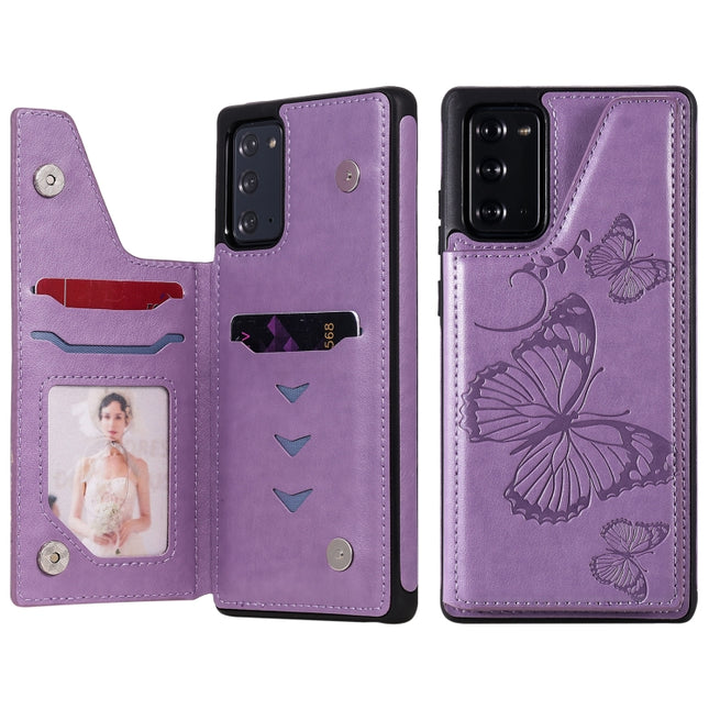 Butterfly Embossing Pattern Shockproof Protective Case with Holder & Card Slots & Photo Frame For Samsung Galaxy Note20(Purple)-garmade.com