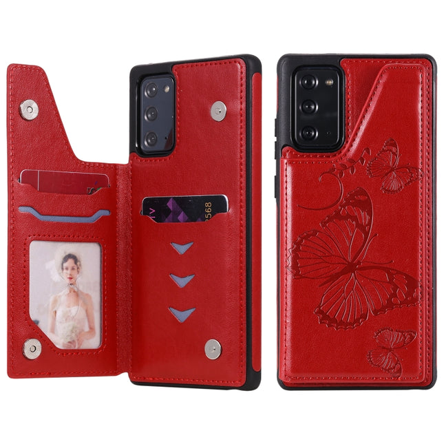 Butterfly Embossing Pattern Shockproof Protective Case with Holder & Card Slots & Photo Frame For Samsung Galaxy Note20(Red)-garmade.com