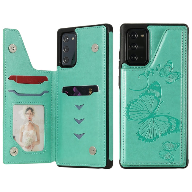Butterfly Embossing Pattern Shockproof Protective Case with Holder & Card Slots & Photo Frame For Samsung Galaxy Note20(Green)-garmade.com