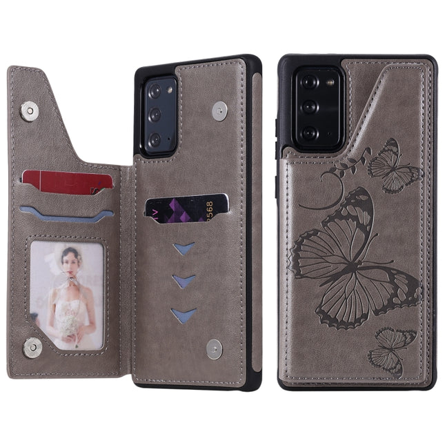 Butterfly Embossing Pattern Shockproof Protective Case with Holder & Card Slots & Photo Frame For Samsung Galaxy Note20(Grey)-garmade.com