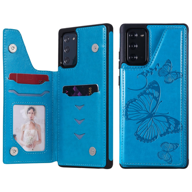 Butterfly Embossing Pattern Shockproof Protective Case with Holder & Card Slots & Photo Frame For Samsung Galaxy Note20(Blue)-garmade.com