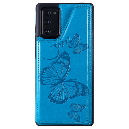 Butterfly Embossing Pattern Shockproof Protective Case with Holder & Card Slots & Photo Frame For Samsung Galaxy Note20(Blue)-garmade.com
