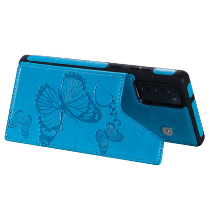 Butterfly Embossing Pattern Shockproof Protective Case with Holder & Card Slots & Photo Frame For Samsung Galaxy Note20(Blue)-garmade.com