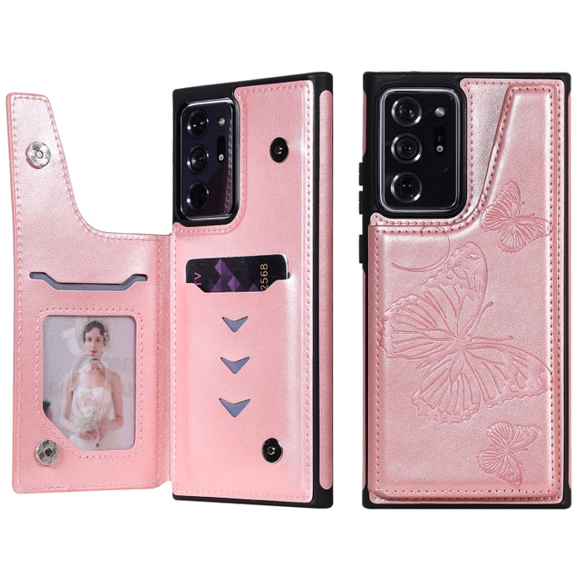 Butterfly Embossing Pattern Shockproof Protective Case with Holder & Card Slots & Photo Frame For Samsung Galaxy Note20 Ultra(Rose Gold)-garmade.com