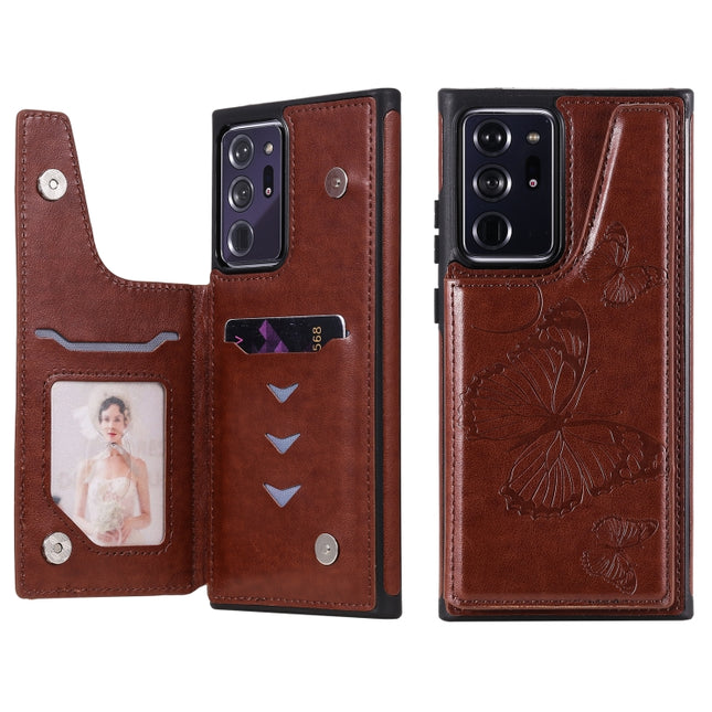 Butterfly Embossing Pattern Shockproof Protective Case with Holder & Card Slots & Photo Frame For Samsung Galaxy Note20 Ultra(Brown)-garmade.com