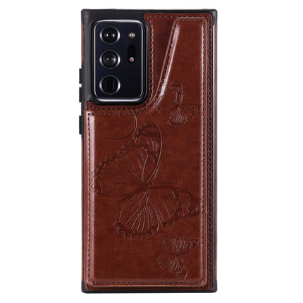 Butterfly Embossing Pattern Shockproof Protective Case with Holder & Card Slots & Photo Frame For Samsung Galaxy Note20 Ultra(Brown)-garmade.com