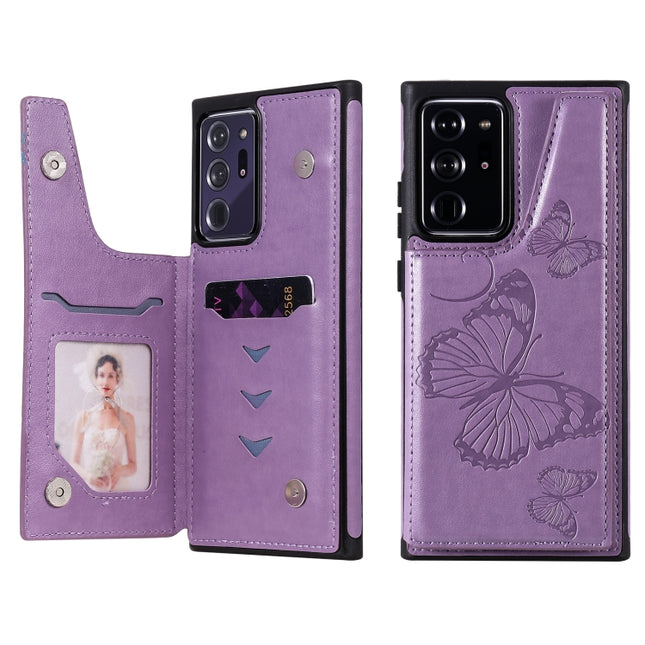 Butterfly Embossing Pattern Shockproof Protective Case with Holder & Card Slots & Photo Frame For Samsung Galaxy Note20 Ultra(Purple)-garmade.com