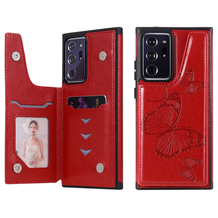 Butterfly Embossing Pattern Shockproof Protective Case with Holder & Card Slots & Photo Frame For Samsung Galaxy Note20 Ultra(Red)-garmade.com