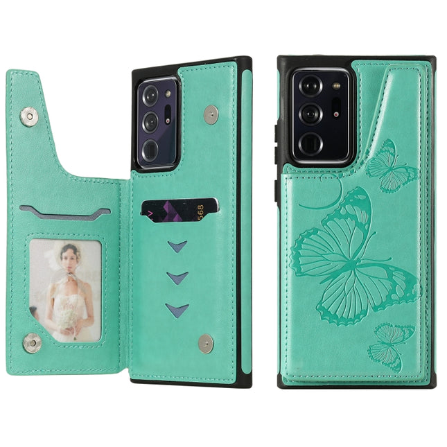 Butterfly Embossing Pattern Shockproof Protective Case with Holder & Card Slots & Photo Frame For Samsung Galaxy Note20 Ultra(Green)-garmade.com