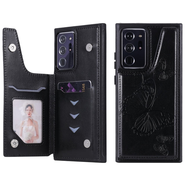 Butterfly Embossing Pattern Shockproof Protective Case with Holder & Card Slots & Photo Frame For Samsung Galaxy Note20 Ultra(Black)-garmade.com