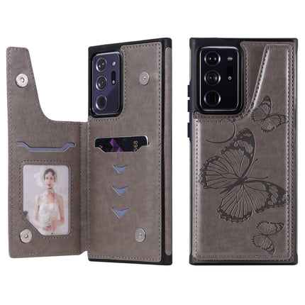 Butterfly Embossing Pattern Shockproof Protective Case with Holder & Card Slots & Photo Frame For Samsung Galaxy Note20 Ultra(Grey)-garmade.com