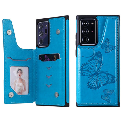 Butterfly Embossing Pattern Shockproof Protective Case with Holder & Card Slots & Photo Frame For Samsung Galaxy Note20 Ultra(Blue)-garmade.com