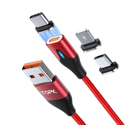 TOPK AM63 1m USB to 8 Pin + USB-C / Type-C + Micro USB 3 in 1 Flat Magnetic Metal Connector Nylon Braided Magnetic Fast Charging Data Cable(Red)-garmade.com