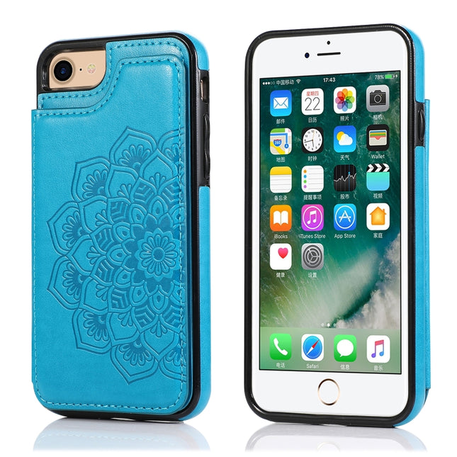 Double Buckle Mandala Pattern PU+TPU Protective Case with Card Slots & Holder & Photo Frame For iPhone SE 2020 / 8 / 7(Blue)-garmade.com