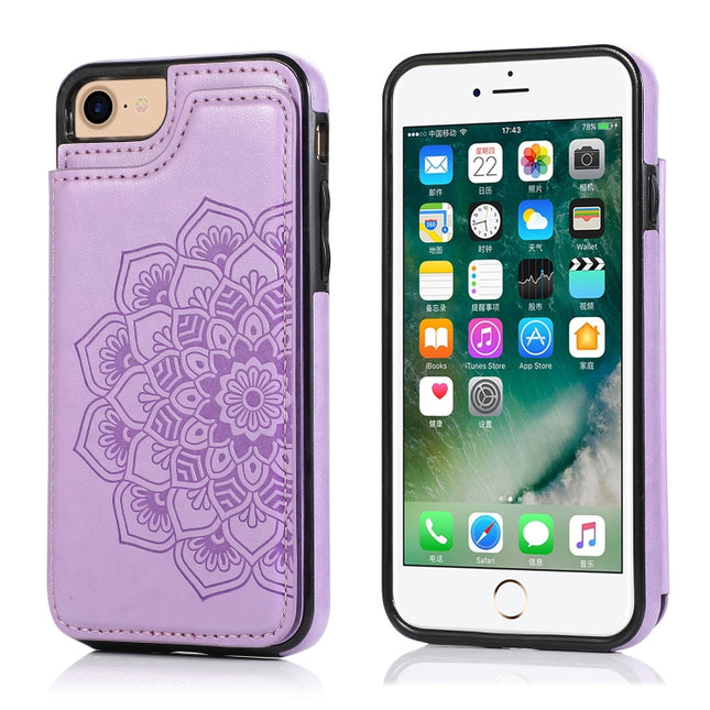 Double Buckle Mandala Pattern PU+TPU Protective Case with Card Slots & Holder & Photo Frame For iPhone SE 2020 / 8 / 7(Purple)-garmade.com