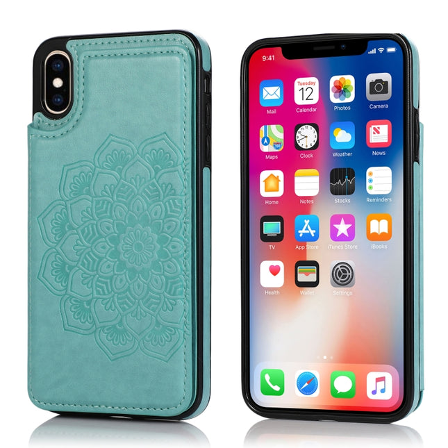 Double Buckle Mandala Pattern PU+TPU Protective Case with Card Slots & Holder & Photo Frame For iPhone XR(Green)-garmade.com
