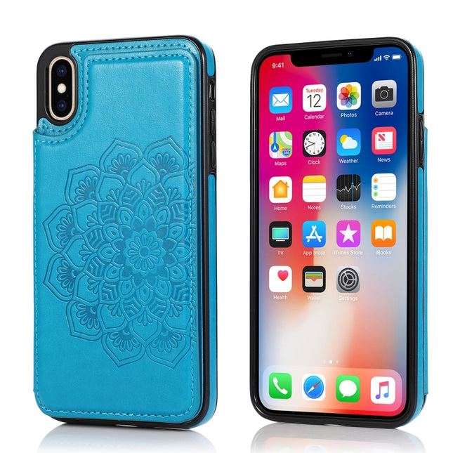 Double Buckle Mandala Pattern PU+TPU Protective Case with Card Slots & Holder & Photo Frame For iPhone XR(Blue)-garmade.com