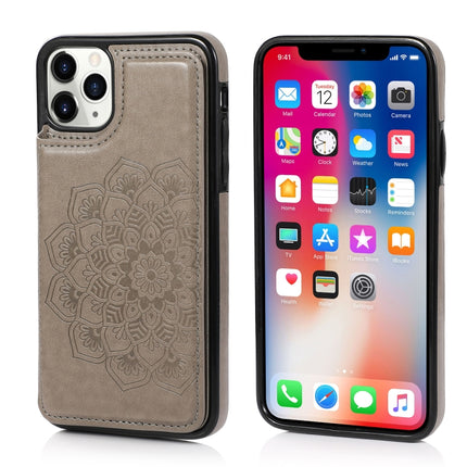 Double Buckle Mandala Pattern PU+TPU Protective Case with Card Slots & Holder & Photo Frame For iPhone 11(Grey)-garmade.com