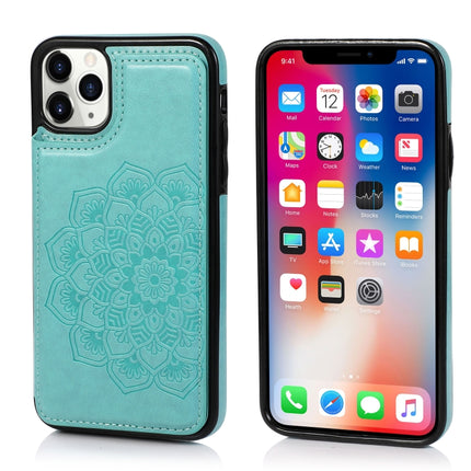Double Buckle Mandala Pattern PU+TPU Protective Case with Card Slots & Holder & Photo Frame For iPhone 11(Green)-garmade.com