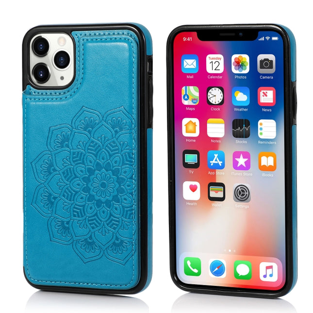 Double Buckle Mandala Pattern PU+TPU Protective Case with Card Slots & Holder & Photo Frame For iPhone 11(Blue)-garmade.com
