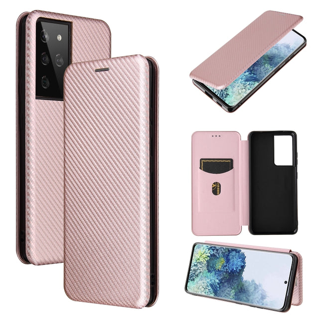 For Samsung Galaxy S21 Ultra 5G Carbon Fiber Texture Horizontal Flip TPU + PC + PU Leather Case with Card Slot(Pink)-garmade.com
