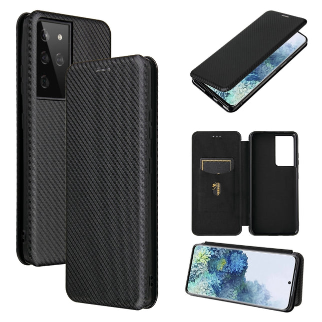 For Samsung Galaxy S21 Ultra 5G Carbon Fiber Texture Horizontal Flip TPU + PC + PU Leather Case with Card Slot(Black)-garmade.com