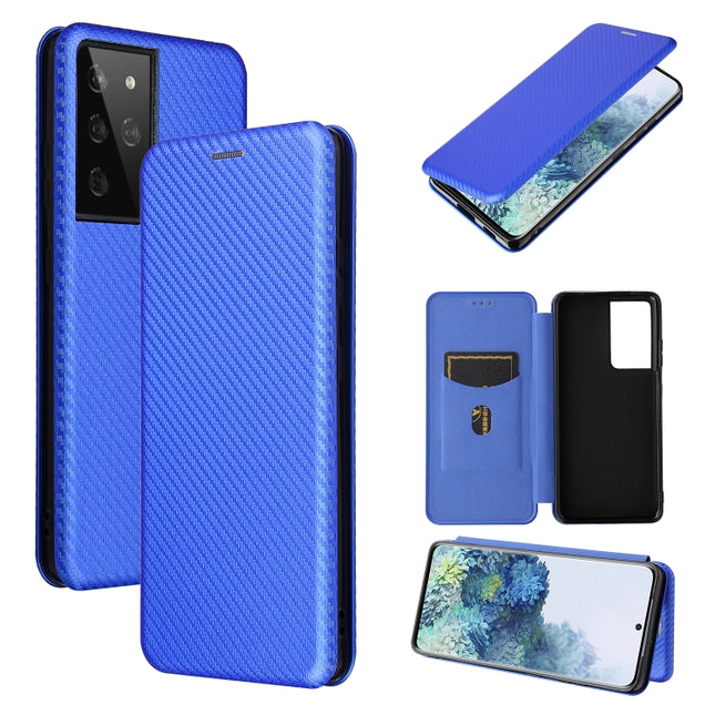 For Samsung Galaxy S21 Ultra 5G Carbon Fiber Texture Horizontal Flip TPU + PC + PU Leather Case with Card Slot(Blue)-garmade.com