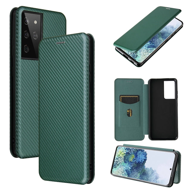 For Samsung Galaxy S21 Ultra 5G Carbon Fiber Texture Horizontal Flip TPU + PC + PU Leather Case with Card Slot(Green)-garmade.com