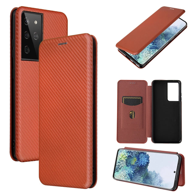 For Samsung Galaxy S21 Ultra 5G Carbon Fiber Texture Horizontal Flip TPU + PC + PU Leather Case with Card Slot(Brown)-garmade.com