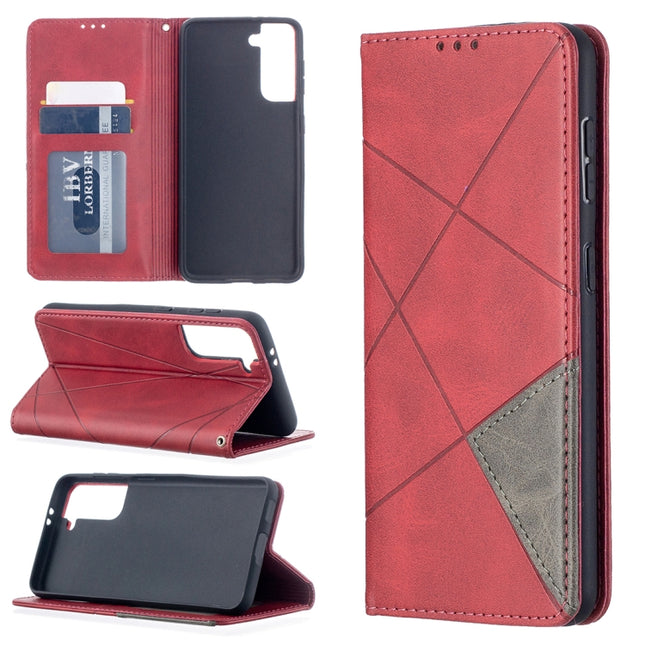 For Samsung Galaxy S21 5G Rhombus Texture Horizontal Flip Magnetic Leather Case with Holder & Card Slots(Red)-garmade.com