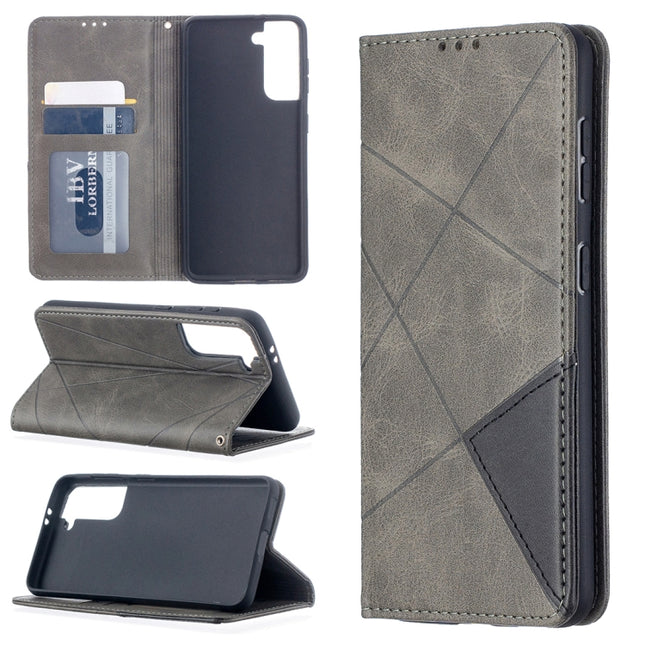 For Samsung Galaxy S21 5G Rhombus Texture Horizontal Flip Magnetic Leather Case with Holder & Card Slots(Grey)-garmade.com