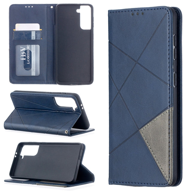 For Samsung Galaxy S21 5G Rhombus Texture Horizontal Flip Magnetic Leather Case with Holder & Card Slots(Blue)-garmade.com