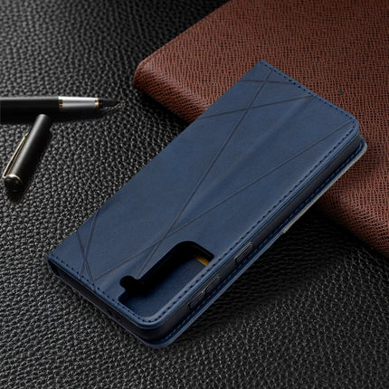 For Samsung Galaxy S21 5G Rhombus Texture Horizontal Flip Magnetic Leather Case with Holder & Card Slots(Blue)-garmade.com