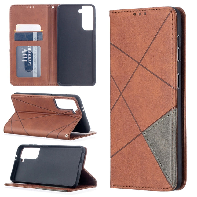 For Samsung Galaxy S21 5G Rhombus Texture Horizontal Flip Magnetic Leather Case with Holder & Card Slots(Brown)-garmade.com