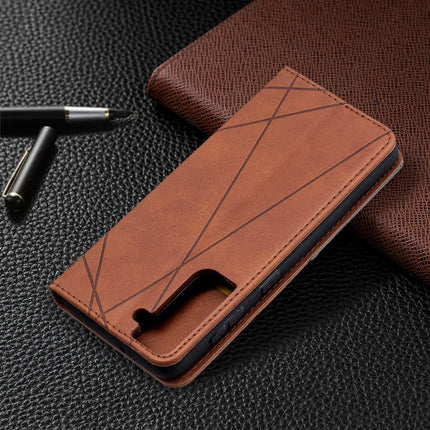 For Samsung Galaxy S21 5G Rhombus Texture Horizontal Flip Magnetic Leather Case with Holder & Card Slots(Brown)-garmade.com