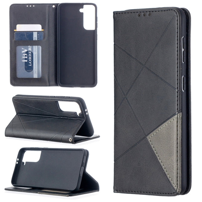 For Samsung Galaxy S21 5G Rhombus Texture Horizontal Flip Magnetic Leather Case with Holder & Card Slots(Black)-garmade.com