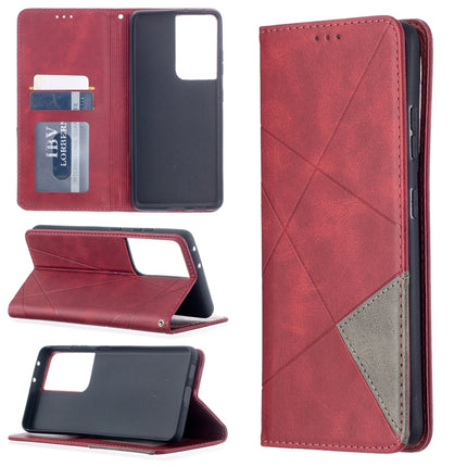 For Samsung Galaxy S21 Ultra 5G Rhombus Texture Horizontal Flip Magnetic Leather Case with Holder & Card Slots(Red)-garmade.com