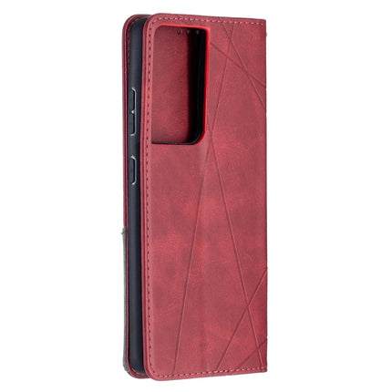 For Samsung Galaxy S21 Ultra 5G Rhombus Texture Horizontal Flip Magnetic Leather Case with Holder & Card Slots(Red)-garmade.com