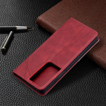 For Samsung Galaxy S21 Ultra 5G Rhombus Texture Horizontal Flip Magnetic Leather Case with Holder & Card Slots(Red)-garmade.com